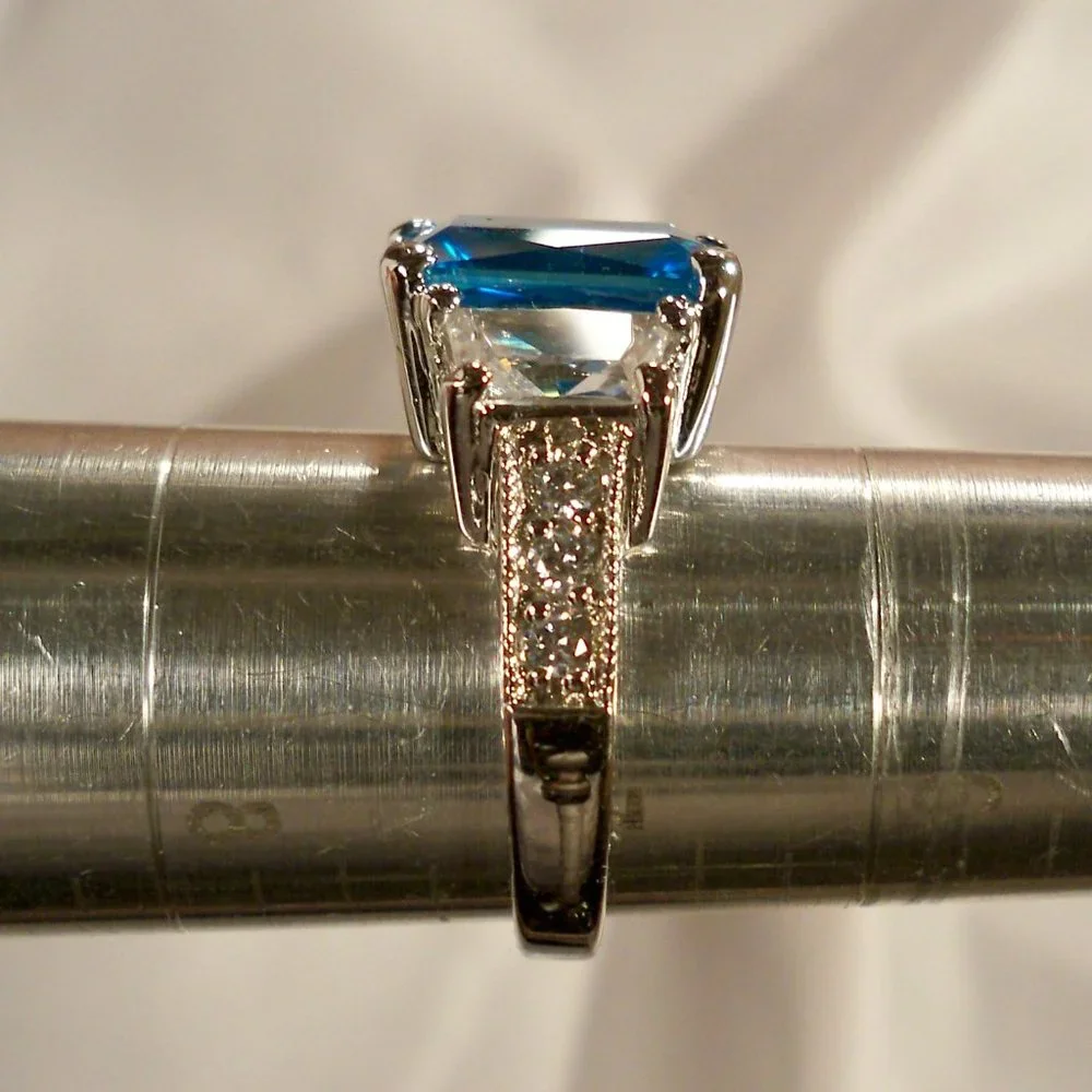 NEW Radiant Cut Blue Cubic Zirconias Silver DESIGNER Ring